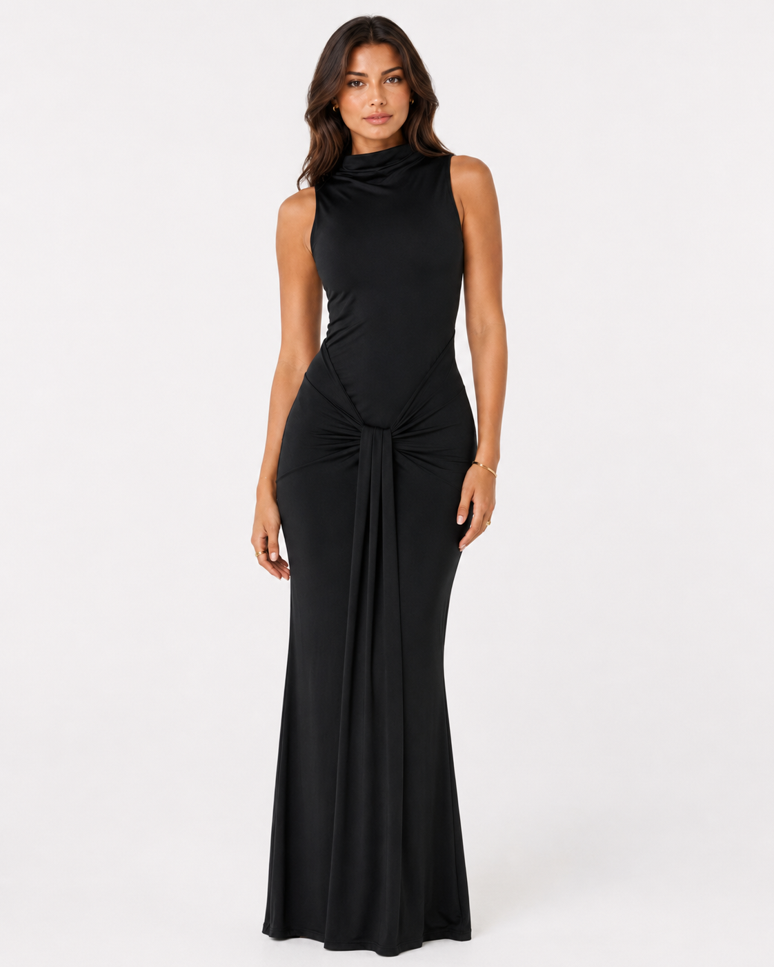 Black Draped Sleeveless Maxi Dress